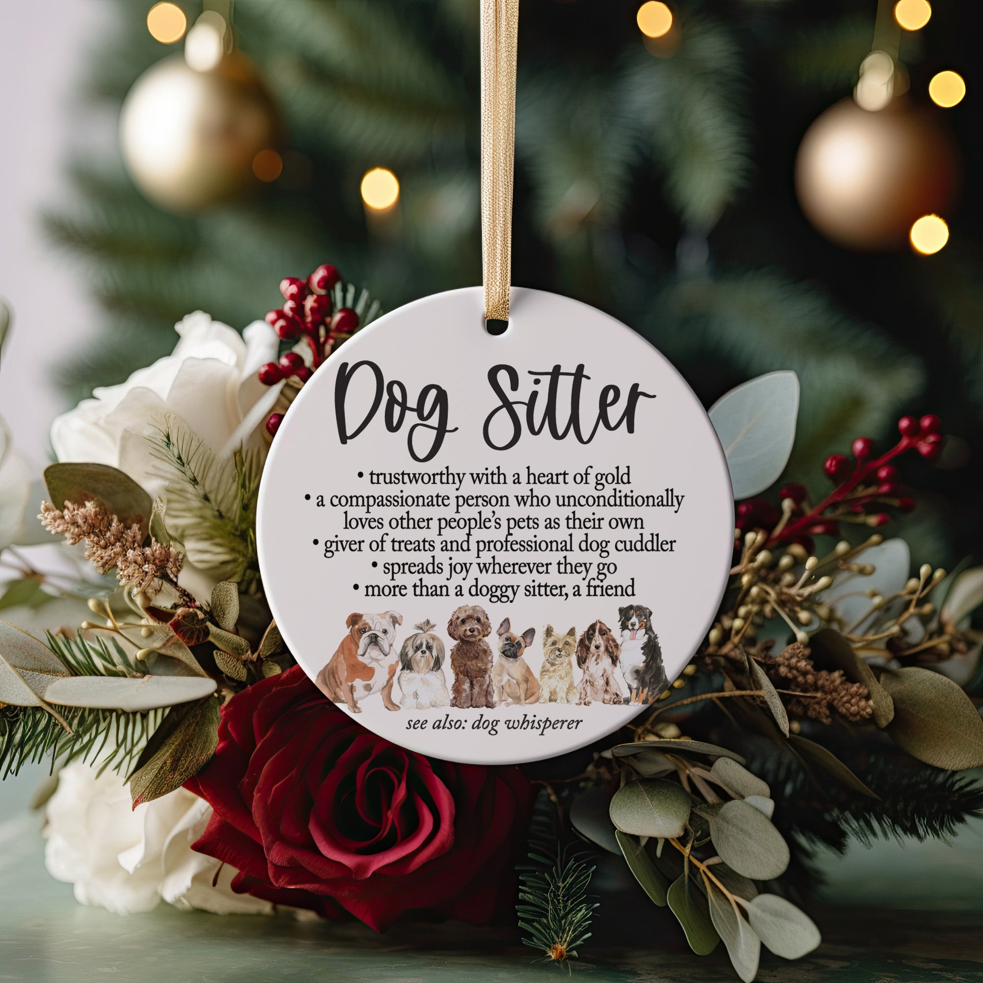 World&#39;s Best Dog Sitter Definition Christmas Ornament 2023, Cute Dog Breeds Present Idea For Pup Walkers with Gold Ribbon + Gift Box