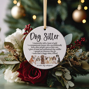 World&#39;s Best Dog Sitter Definition Christmas Ornament 2023, Cute Dog Breeds Present Idea For Pup Walkers with Gold Ribbon + Gift Box