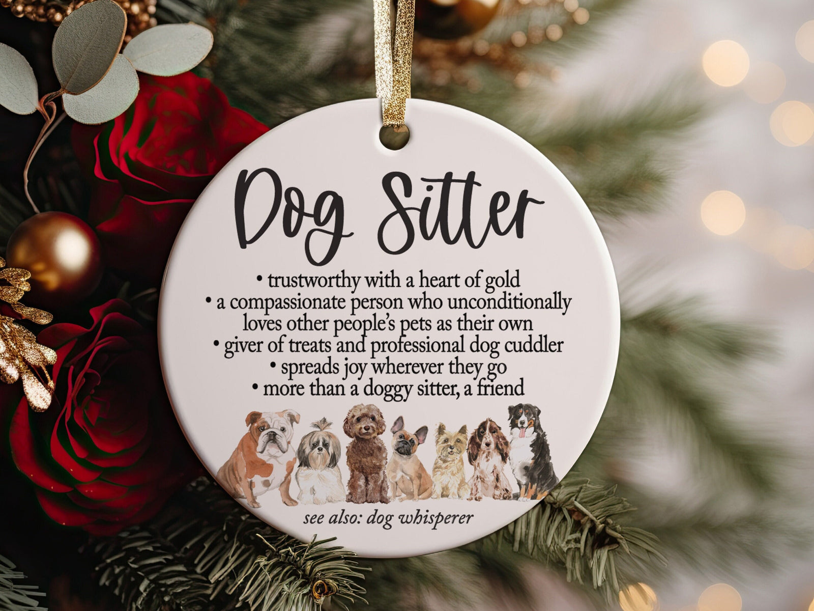 World&#39;s Best Dog Sitter Definition Christmas Ornament 2023, Cute Dog Breeds Present Idea For Pup Walkers with Gold Ribbon + Gift Box