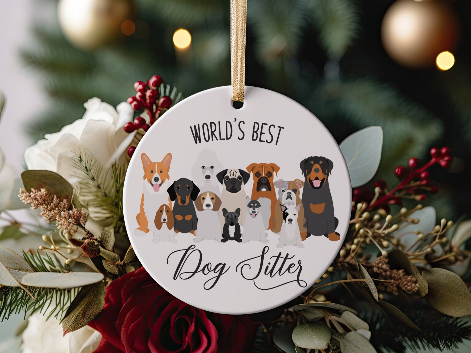 World&#39;s Best Dog Sitter Christmas Ornament 2023, Cute Dog Breeds Present Idea For Pup Walkers with Metallic Gold Ribbon + Free Gift Box