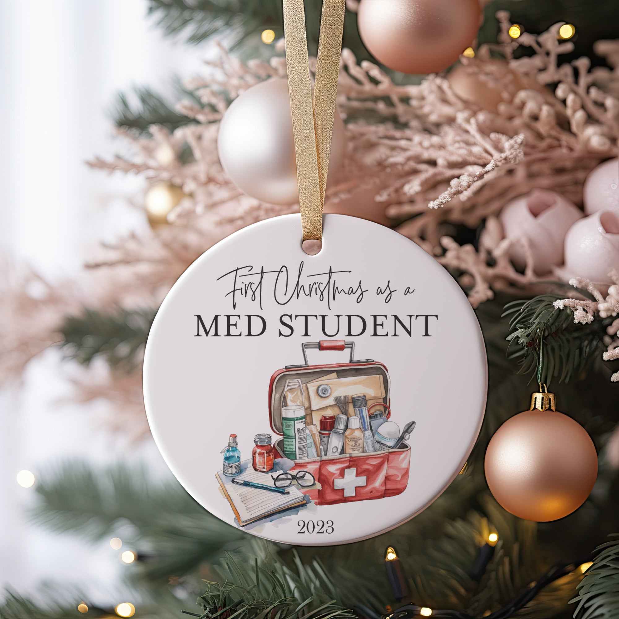 First Year and Christmas as a Medical Med School Student Grad Gift University Christmas Ornament, Future New Doctor MD Physician In Progress