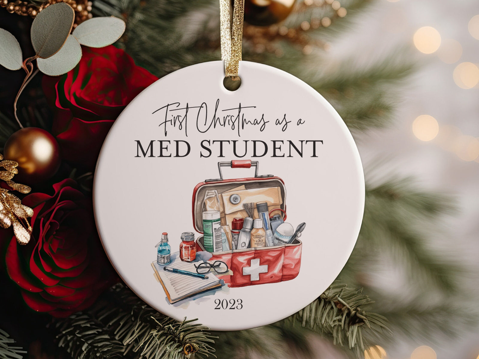 First Year and Christmas as a Medical Med School Student Grad Gift University Christmas Ornament, Future New Doctor MD Physician In Progress