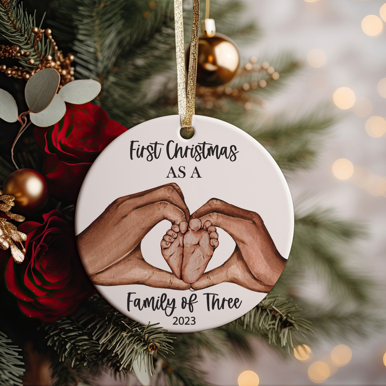 Our First Christmas as a Family of Three Family and Baby Heart Hands Family Ornament, New Parent Gift, New memories, First Time Parents Gift