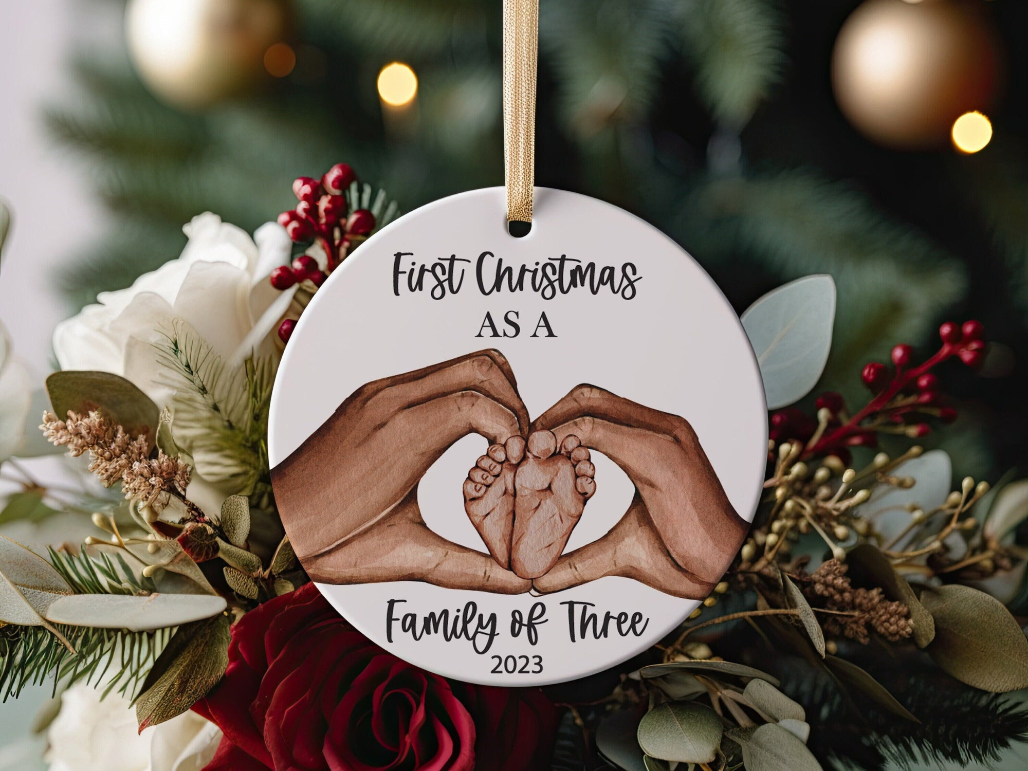 Our First Christmas as a Family of Three Family and Baby Heart Hands Family Ornament, New Parent Gift, New memories, First Time Parents Gift