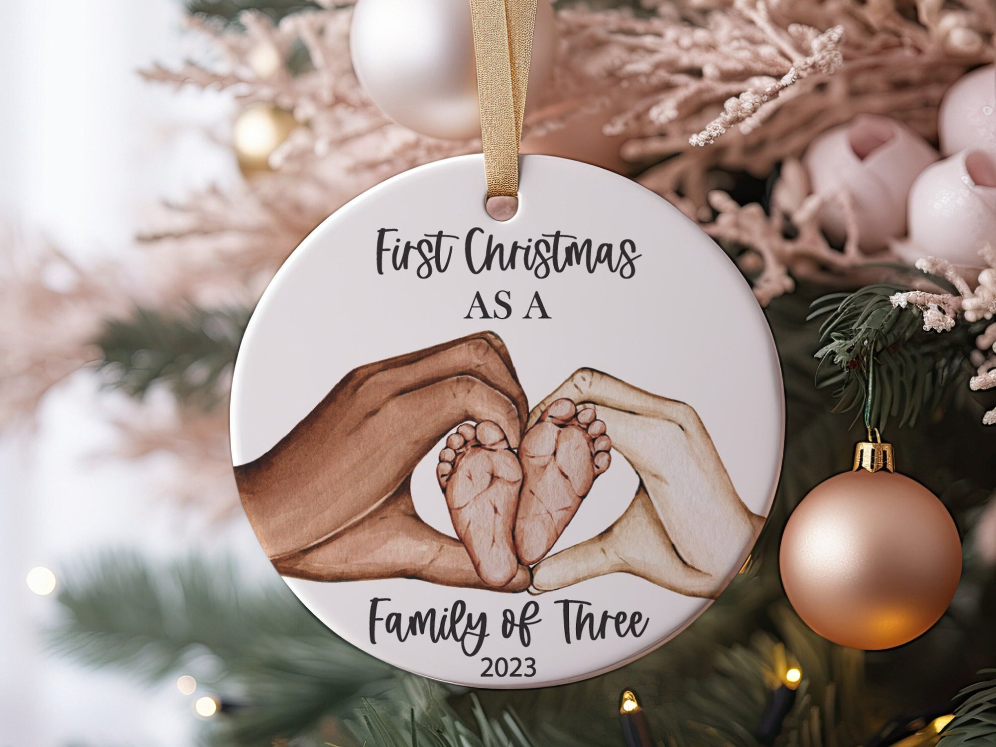 Our First Christmas as a Family of Three Family and Baby Heart Hands Family Ornament, New Parent Gift, New memories, First Time Parents Gift