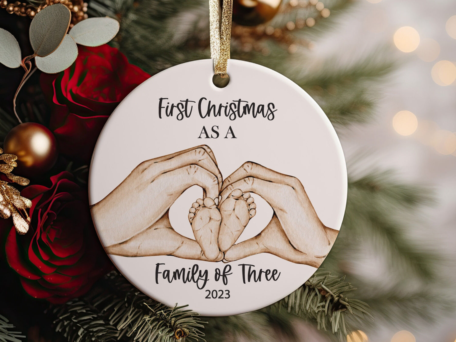 Our First Christmas as a Family of Three Family and Baby Heart Hands Family Ornament, New Parent Gift, New memories, First Time Parents Gift