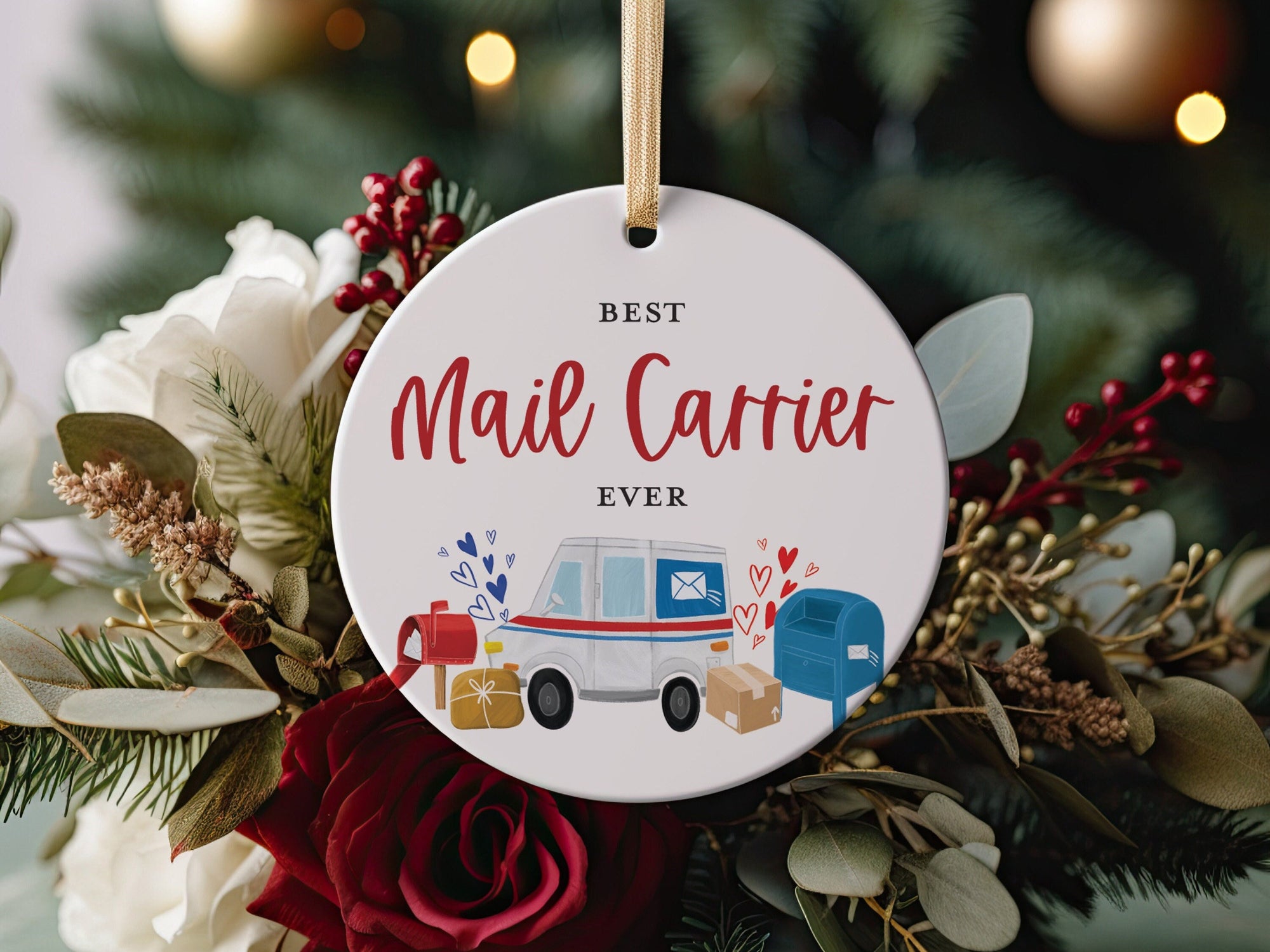 World&#39;s Best Mail Carrier Ever Postal Worker Driver Ceramic Christmas Ornament, Thank You Gift for Post Office Mailman or Mailwoman Present