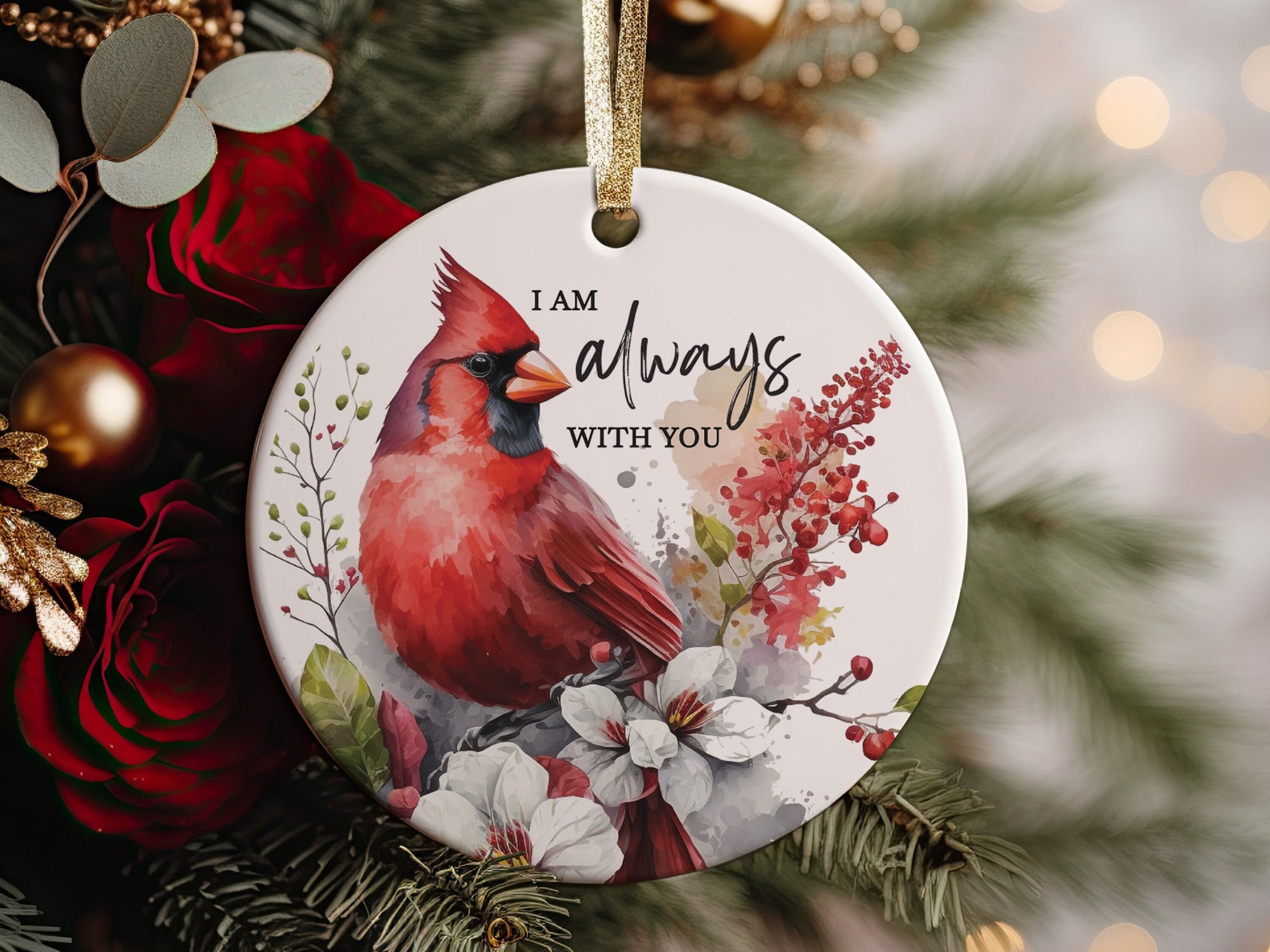I Am Always With You Red Cardinal Christmas Marble Ceramic 3&quot; Ornament Memorial Gift Idea Sympathy or Bereavement Present, Red Bird Loving