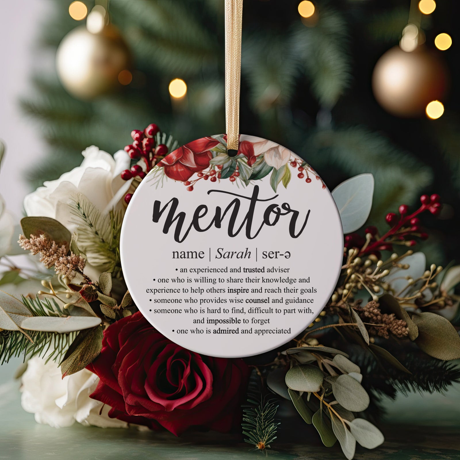 Mentor Definition Christmas Ceramic Ornament with Metallic Gold Ribbon + Free Gift Box, Thank You Present From Mentee To Best Mentor Ever