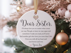 Best Sister Ever To My Dear Sis Christmas Gift Idea Ceramic Round Ornament, 3" Circle, From Best Friend, BFF, Soul Sisters + Gift box