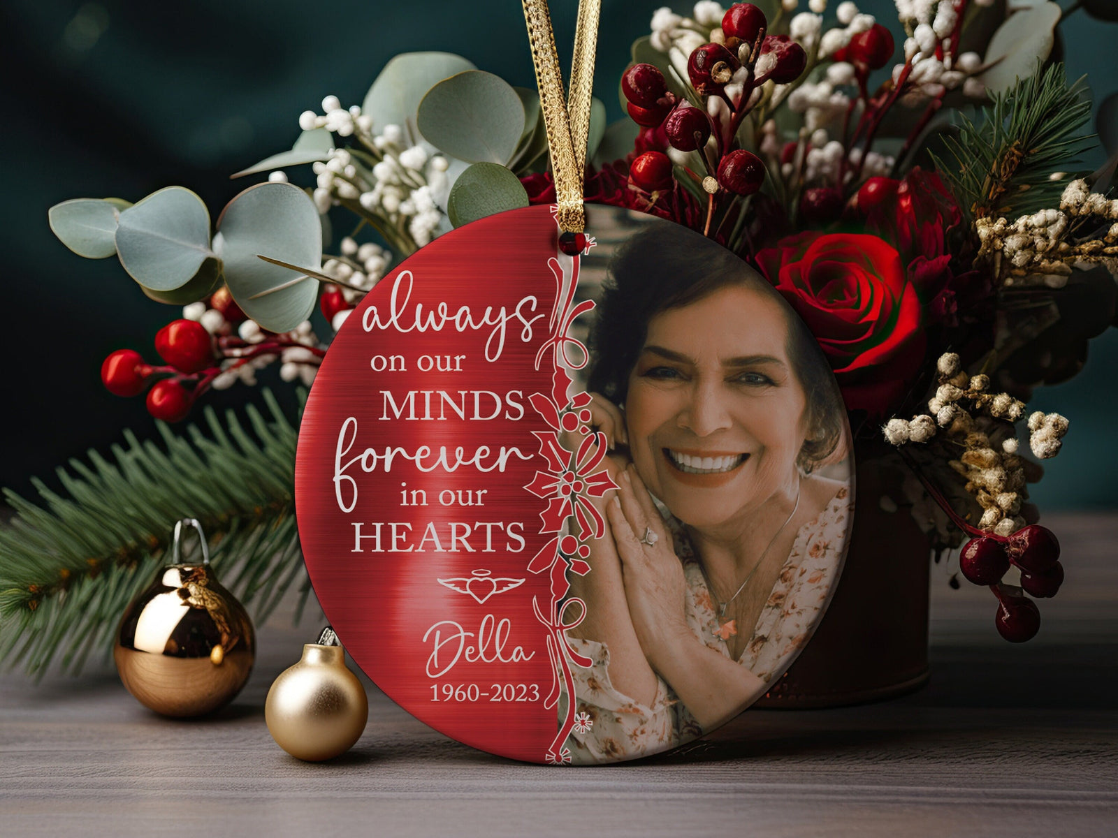 Personalized Photo Always On Our Minds Forever In Our Hearts Memorial Gift, Sympathy or Bereavement of Mom, Dad, Family Christmas Ornament