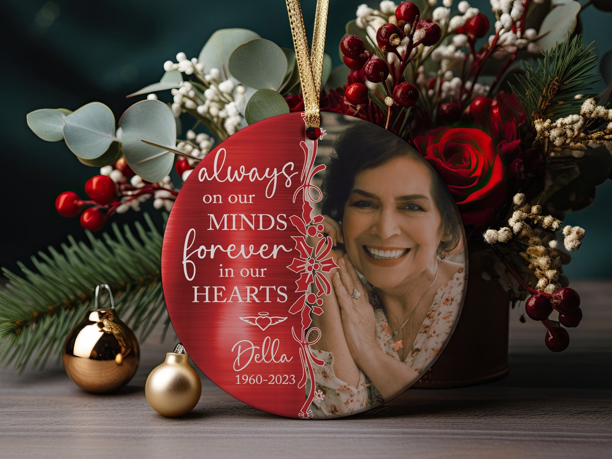 Personalized Photo Always On Our Minds Forever In Our Hearts Memorial Gift, Sympathy or Bereavement of Mom, Dad, Family Christmas Ornament