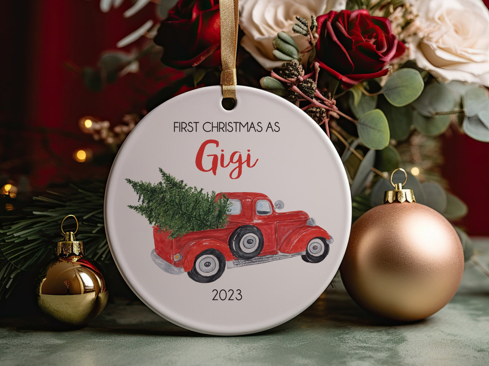 2023 First Christmas as a GiGi, For Grandmother, Nana, Grandma or Grammy, Vintage Truck Ceramic Ornament, nana claus , grandparent