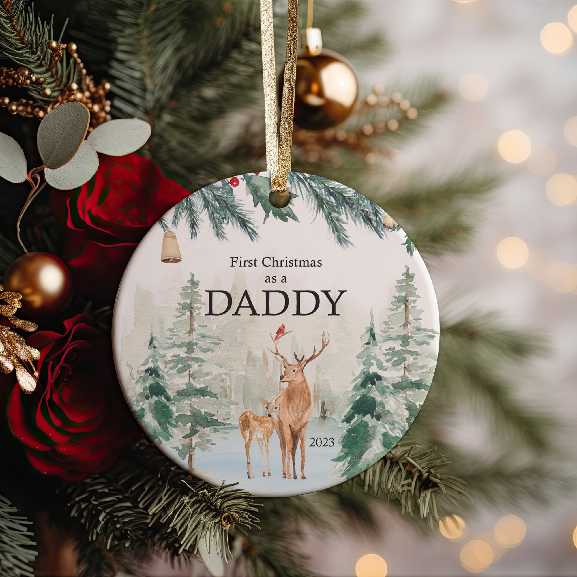 Our First Christmas as Mommy and Daddy Deer Woodland Animals 2023 New Parents Present Idea Floral Ornament, with Ribbon + Free Gift Box