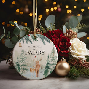 Our First Christmas as Mommy and Daddy Deer Woodland Animals 2023 New Parents Present Idea Floral Ornament, with Ribbon + Free Gift Box