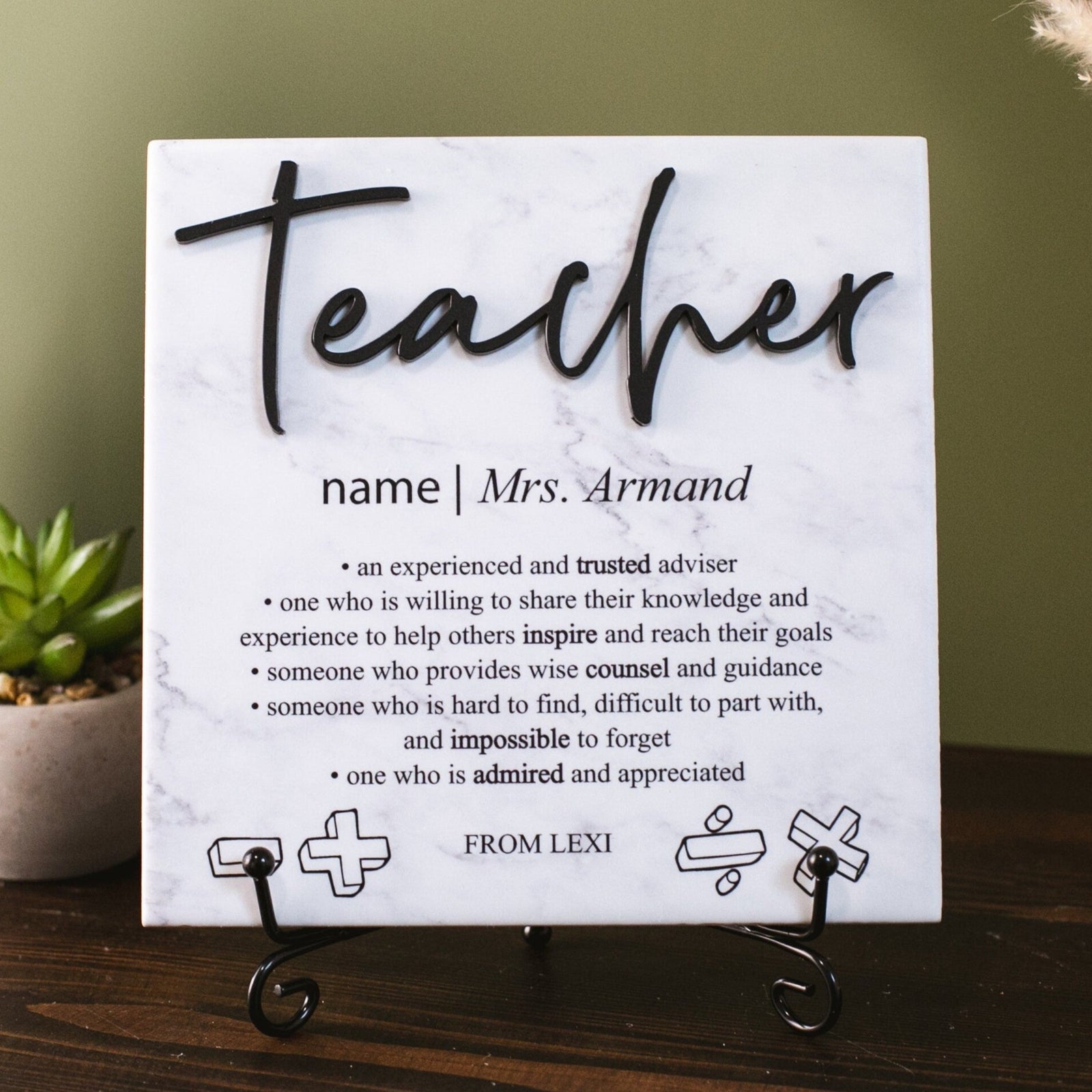 3D Math Teacher Appreciation Tile Plaque Gift From College, High School Student or Child to Professor, Elementary Teacher, Mentor
