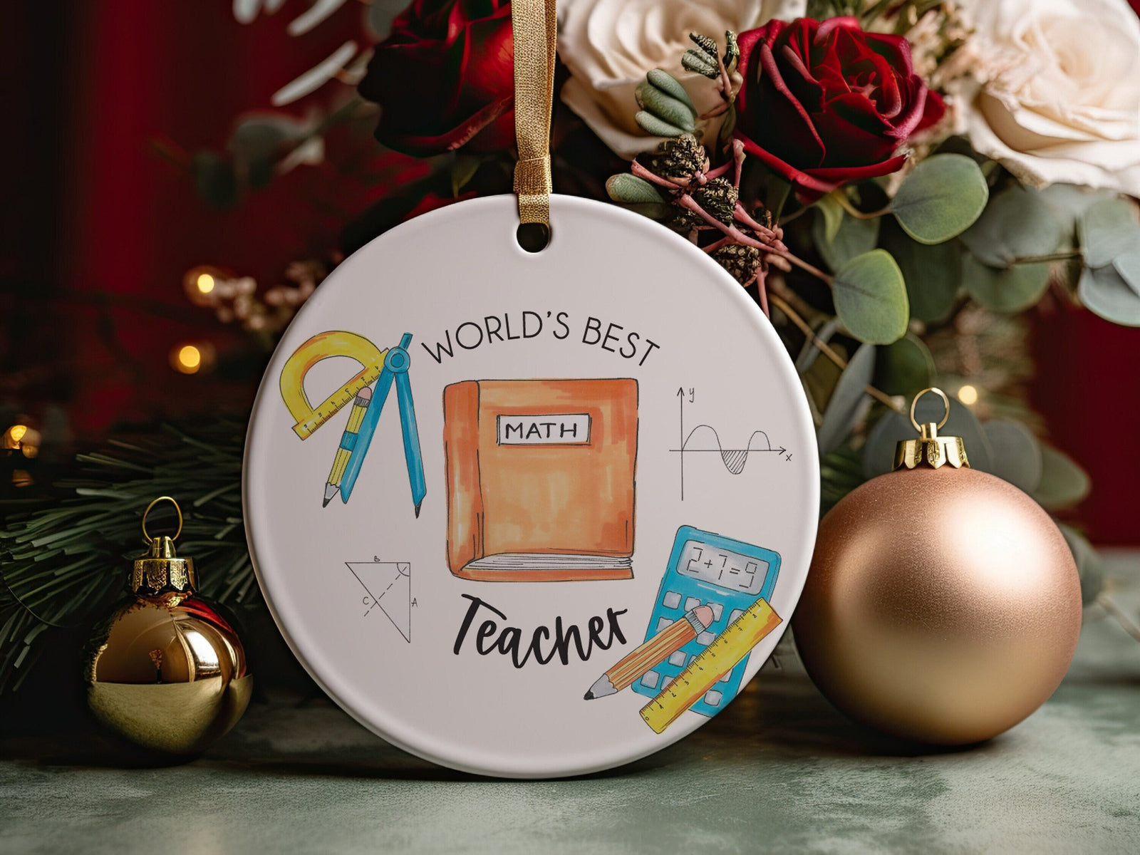 World&#39;s Best Math Teacher Ever Christmas Ornament, Thank You Gift for Geometry Calculus Educator Professor or Instructor Present + Gift Box