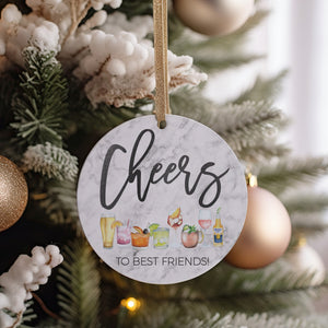 Cheers to Best Friends, Friendship Best Friends 2023 Christmas Marble Ceramic 3&quot; Ornament Present Idea for BFF Bestie, Wine Night, Cocktails