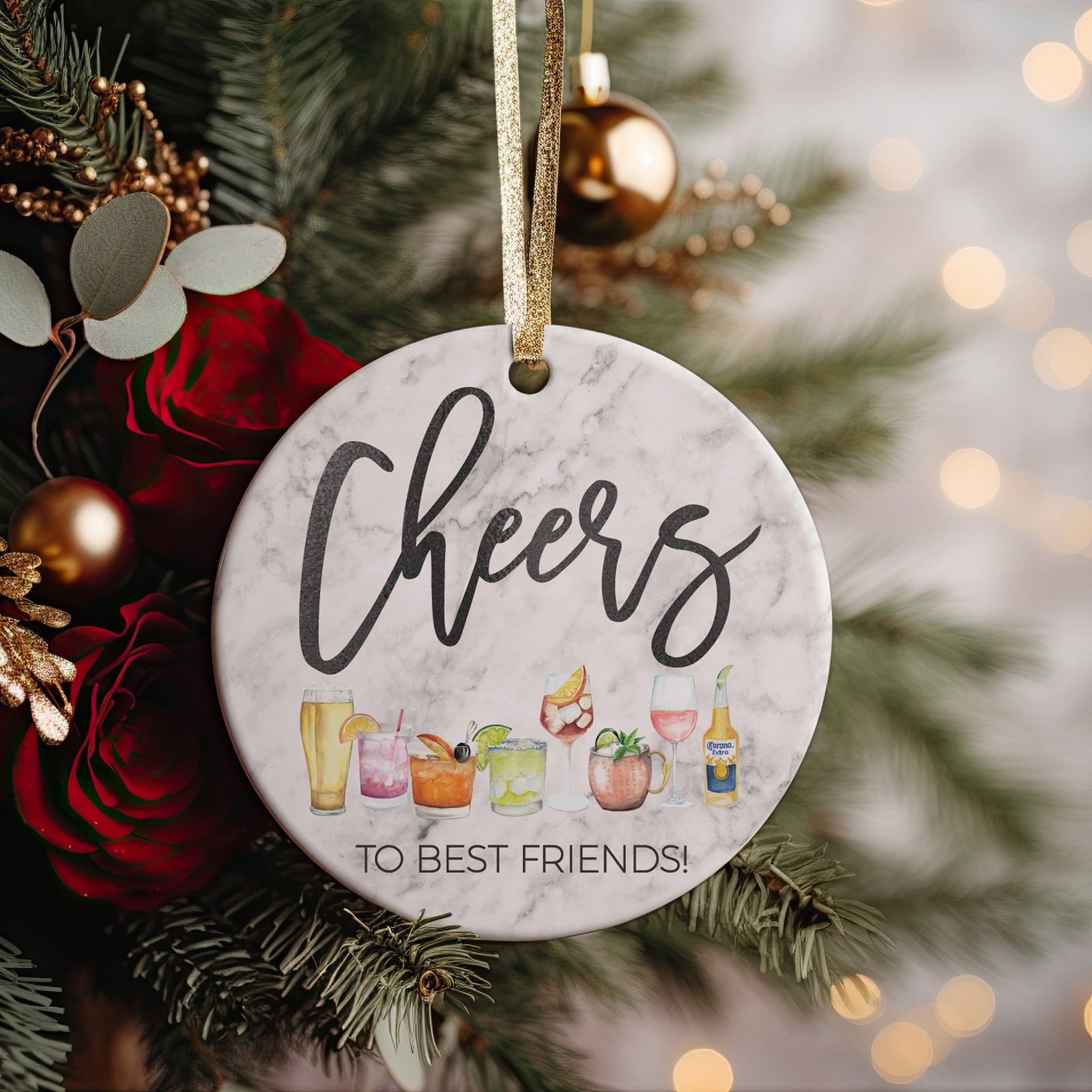Cheers to Best Friends, Friendship Best Friends 2023 Christmas Marble Ceramic 3&quot; Ornament Present Idea for BFF Bestie, Wine Night, Cocktails