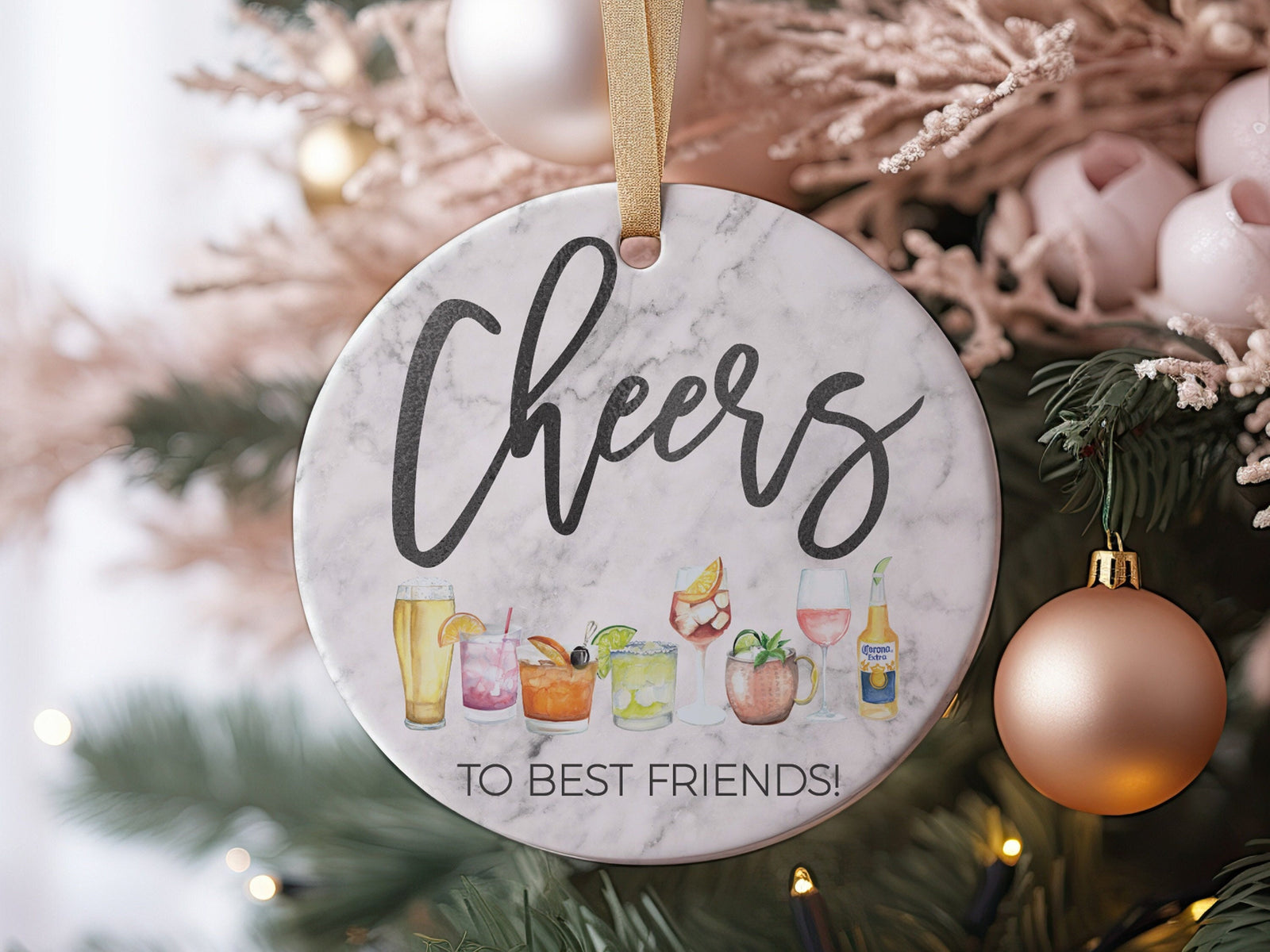 Cheers to Best Friends, Friendship Best Friends 2023 Christmas Marble Ceramic 3&quot; Ornament Present Idea for BFF Bestie, Wine Night, Cocktails