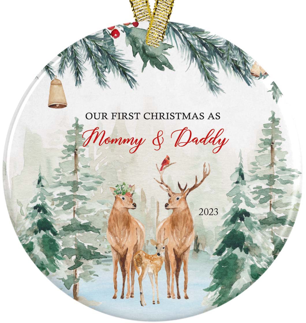 Our First Christmas as Mommy and Daddy Deer Woodland Animals 2023 New Parents Present Idea Floral Ornament, with Ribbon + Free Gift Box