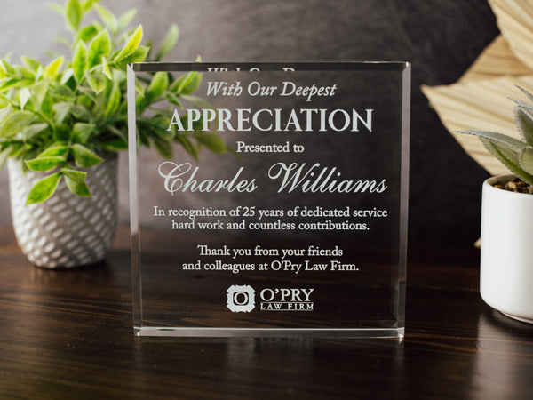 Custom Appreciation Award Crystal Glass Plaque, for Employee Recogniti ...