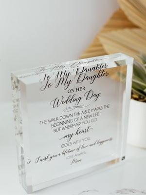 Wedding Day Crystal Glass Plaque, for Daughter, Daughter-in-Law, Love Always Mom, From Mom on Your Special Day, To Our Daughter From Dad
