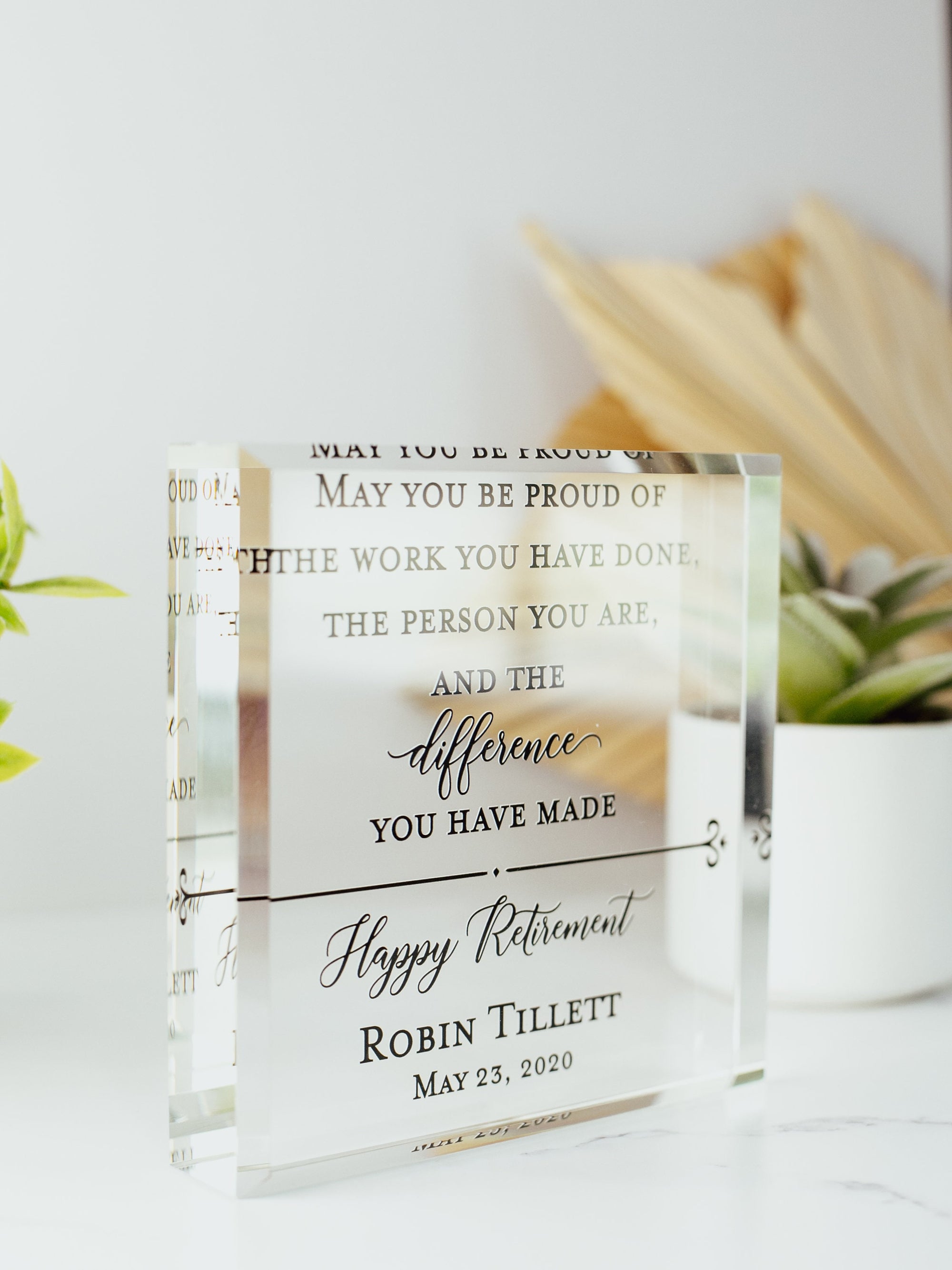 Happy Retirement Award Crystal Glass Plaque, for Employee Recognition, Staff Present, The Difference You Made Trophy, Years Of Service Gift