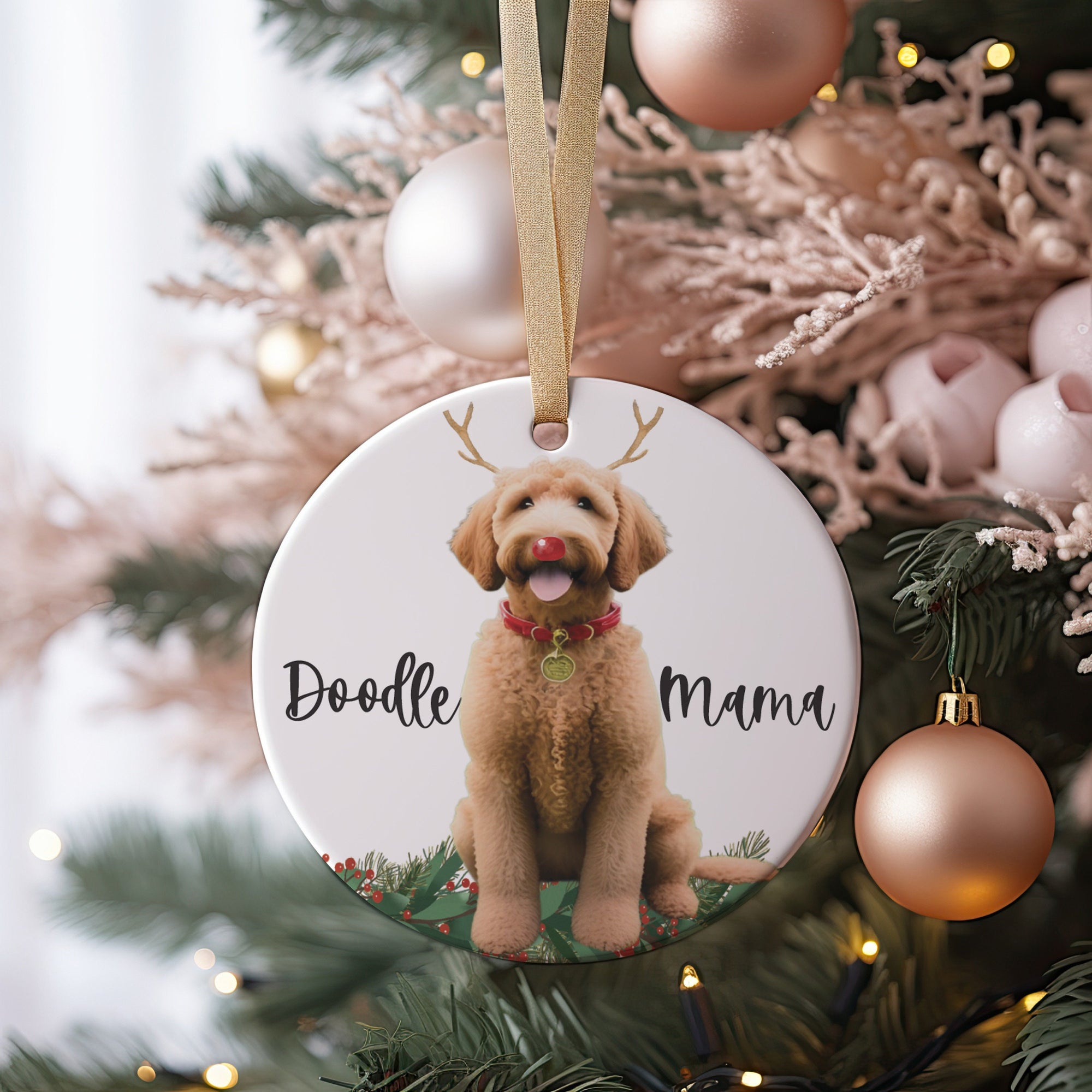 Cute Blonde Doodle Mama Christmas Gift Goldendoodle Ornament 2023, Cute Dog Breeds Present Idea For Pup Mommy with Gold Ribbon +  Gift Box