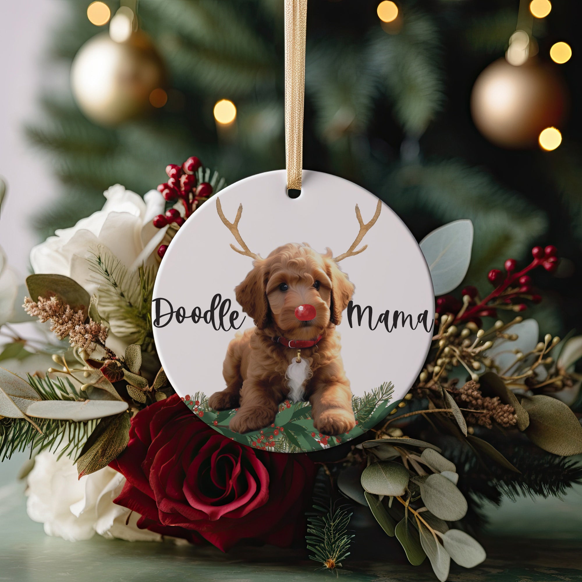 Cute Brown Doodle Mama Christmas Gift Goldendoodle Ornament 2023, Cute Dog Breeds Present Idea For Pup Mommy with Gold Ribbon + Free Box