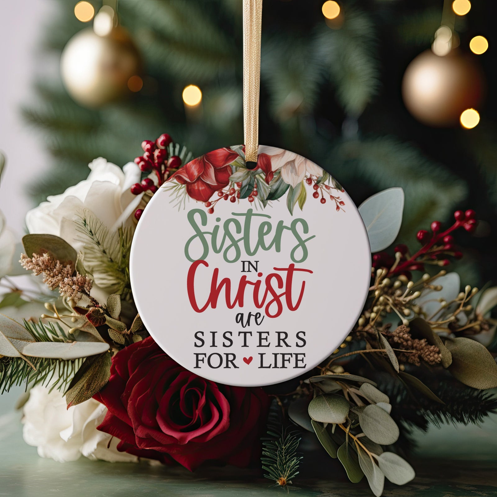 Sisters In Christ Christian Bible Study Group Best Friends or Besties Friendship BFF Ceramic Round Ornament Gift Idea, Free Gift Box