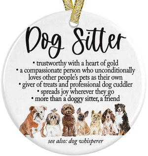 World&#39;s Best Dog Sitter Definition Christmas Ornament 2023, Cute Dog Breeds Present Idea For Pup Walkers with Gold Ribbon + Gift Box