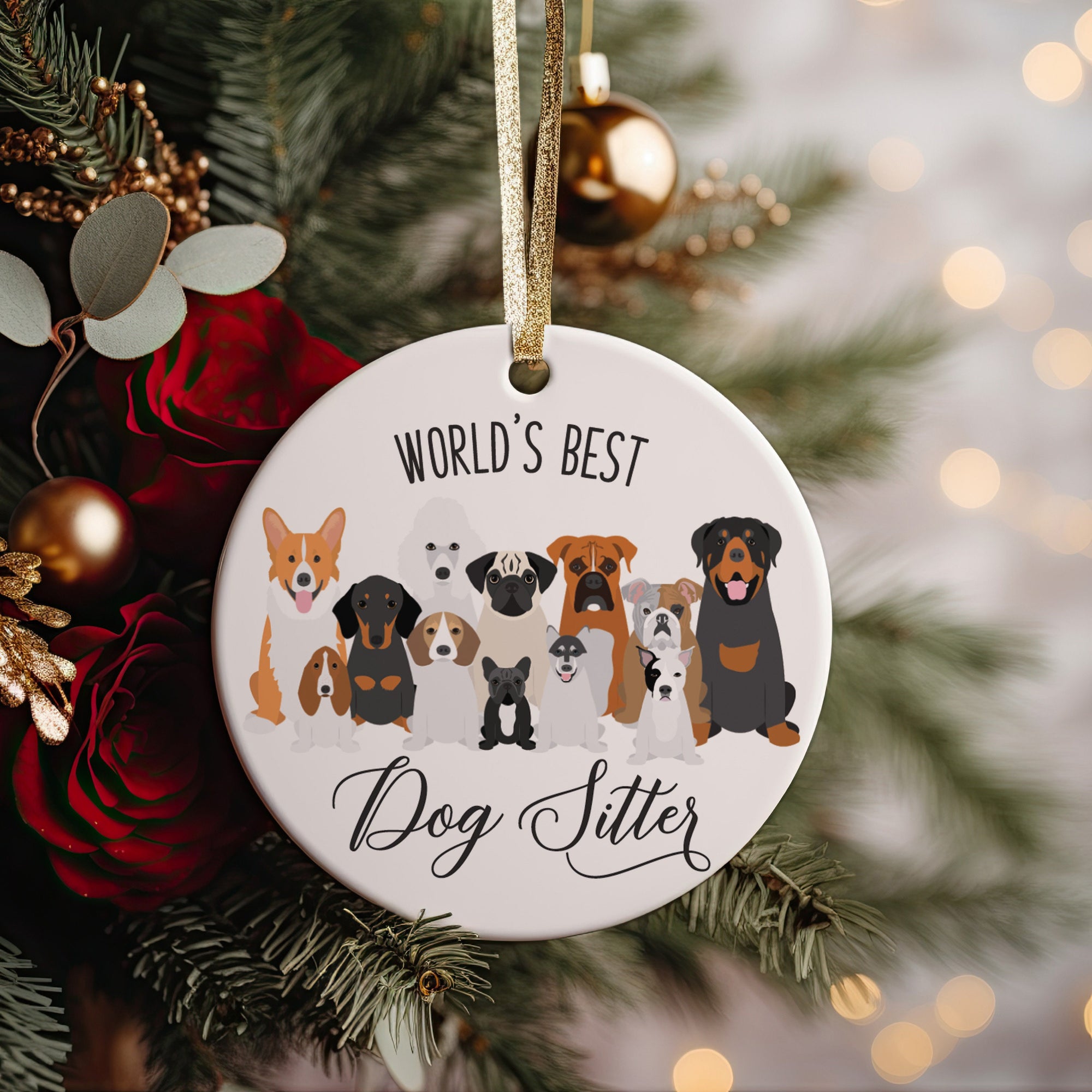 World&#39;s Best Dog Sitter Christmas Ornament 2023, Cute Dog Breeds Present Idea For Pup Walkers with Metallic Gold Ribbon + Free Gift Box