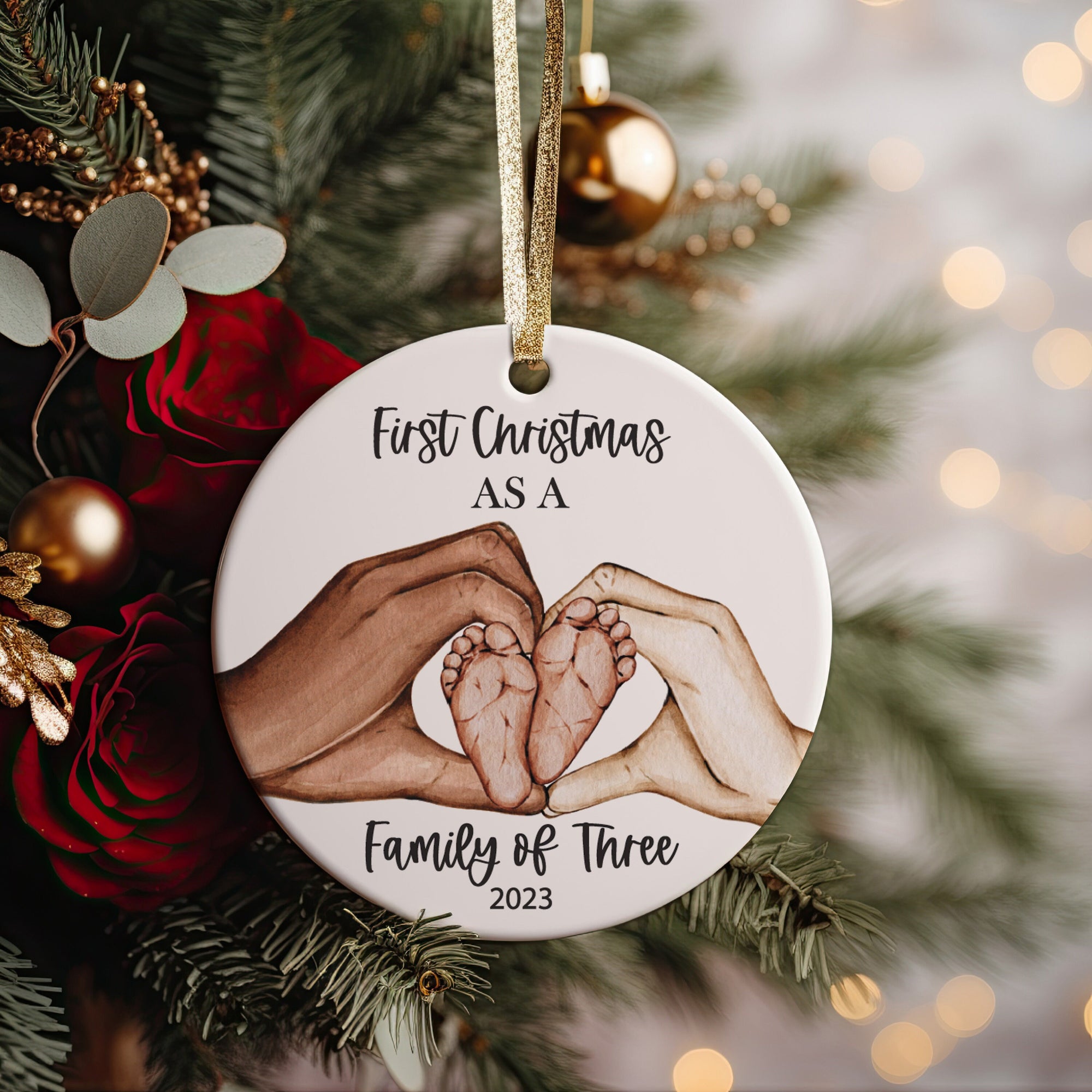 Our First Christmas as a Family of Three Family and Baby Heart Hands Family Ornament, New Parent Gift, New memories, First Time Parents Gift