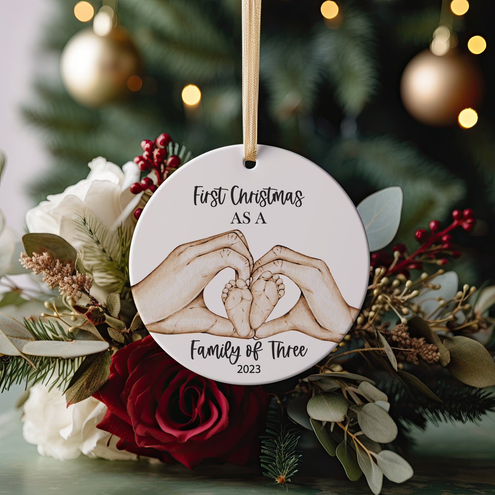 Our First Christmas as a Family of Three Family and Baby Heart Hands Family Ornament, New Parent Gift, New memories, First Time Parents Gift