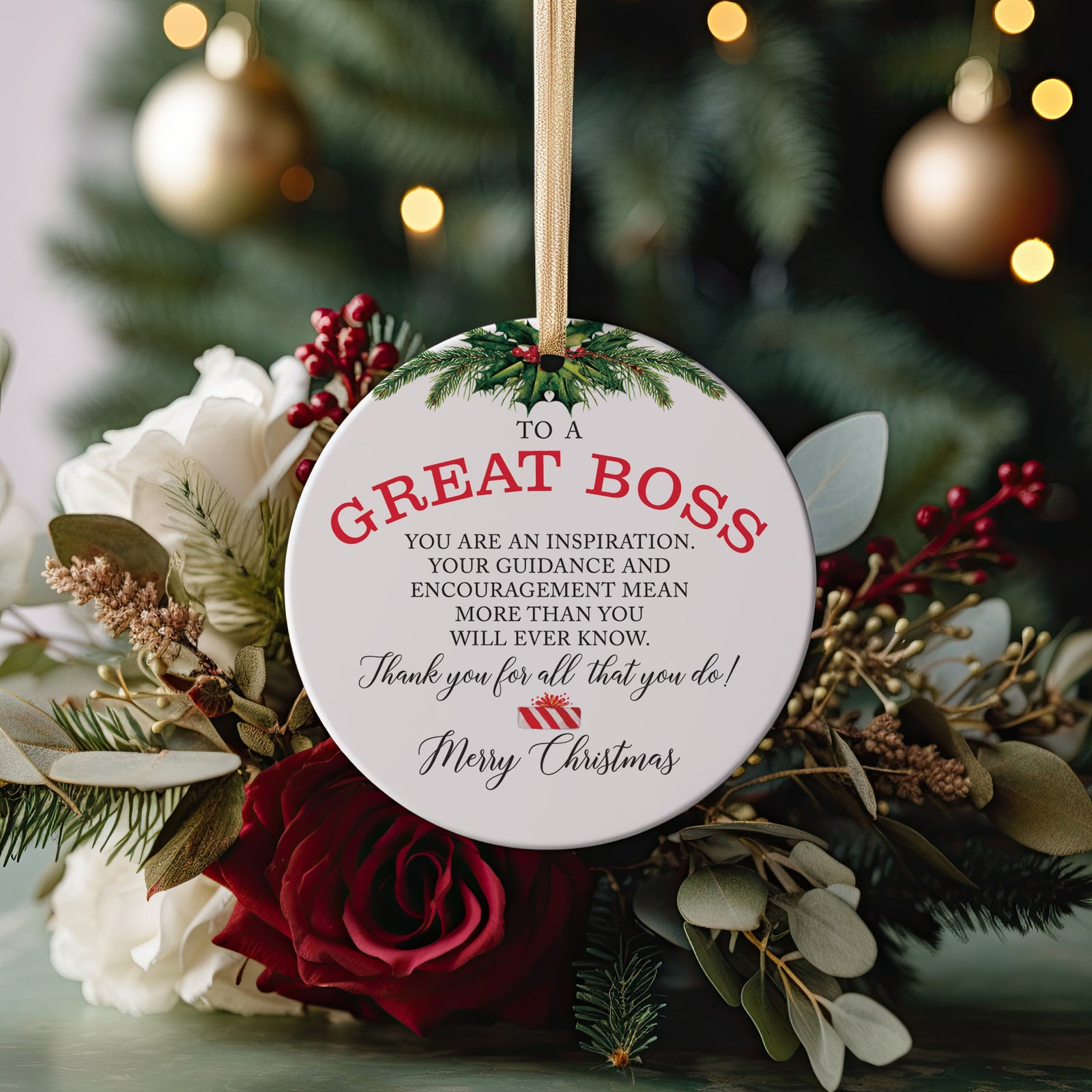 To A Great Boss Christmas Ceramic Round 3&quot; Ornament, Thank You Present Employee to World&#39;s Best Boss, Coworker Present, Boss Appreciation