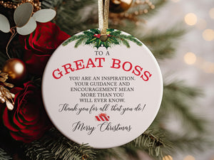 To A Great Boss Christmas Ceramic Round 3&quot; Ornament, Thank You Present Employee to World&#39;s Best Boss, Coworker Present, Boss Appreciation