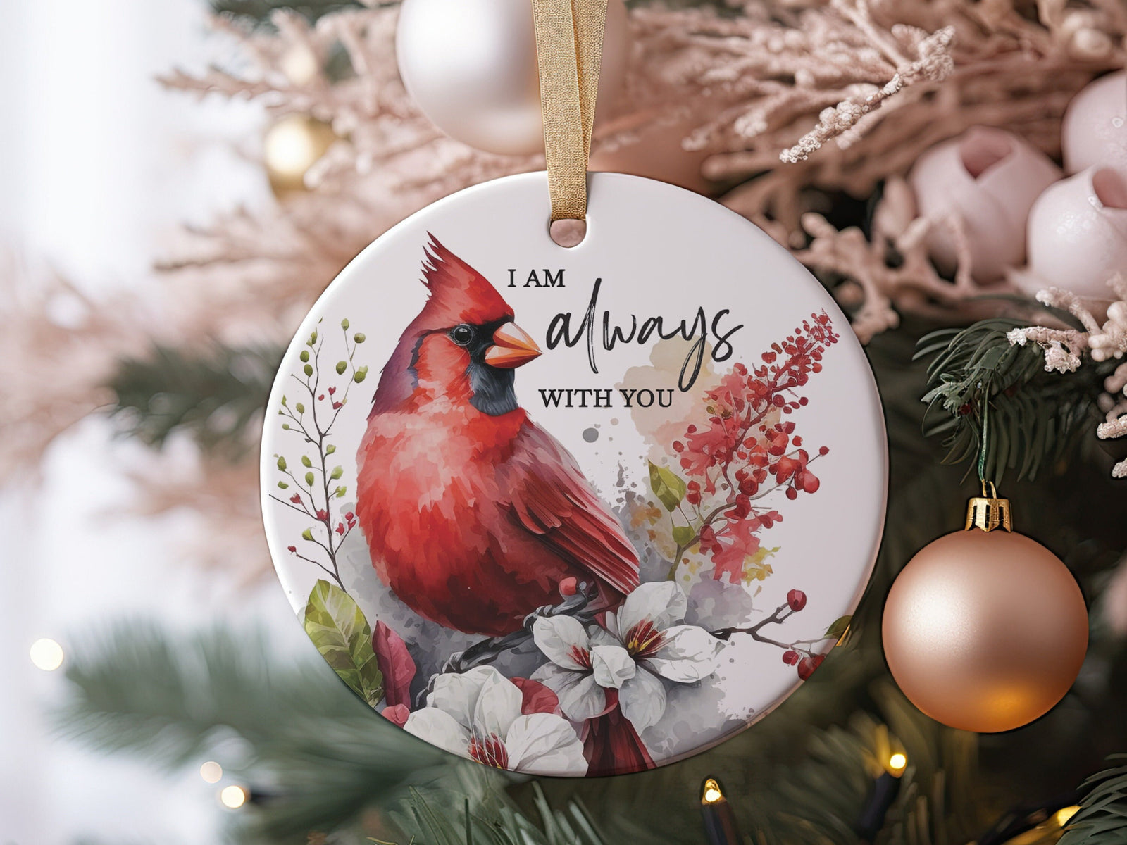 I Am Always With You Red Cardinal Christmas Marble Ceramic 3&quot; Ornament Memorial Gift Idea Sympathy or Bereavement Present, Red Bird Loving