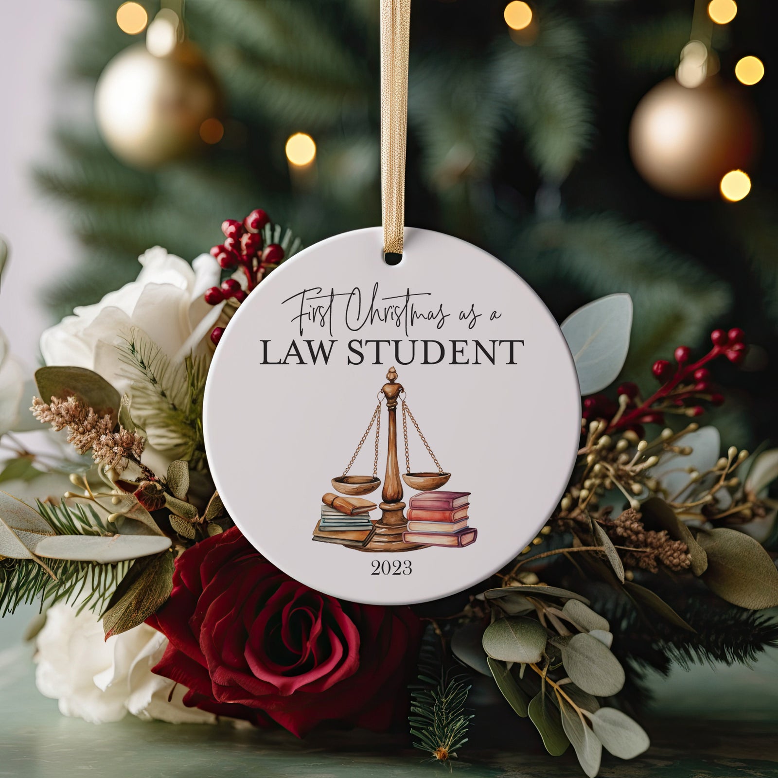2023 First Christmas as an Law Student Attorney Grad Gift, Law School Christmas Ornament, New Lawyer, Judge Scales of Justice JD