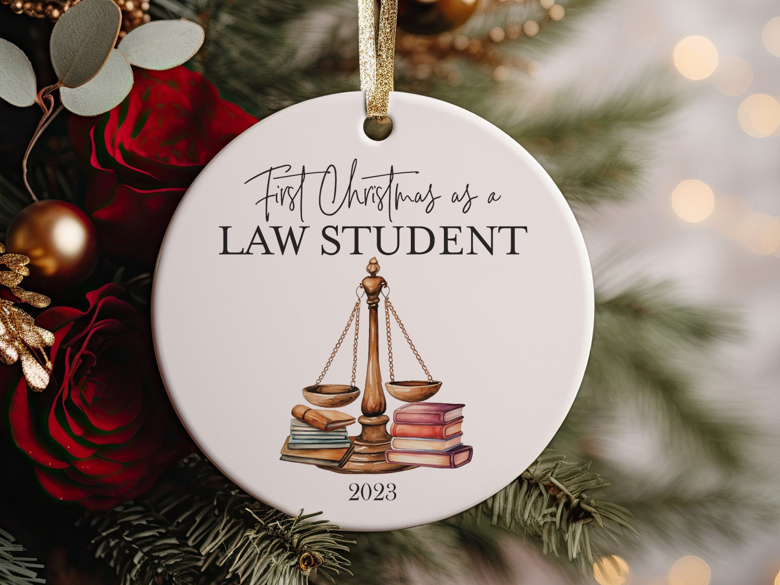 2023 First Christmas as an Law Student Attorney Grad Gift, Law School Christmas Ornament, New Lawyer, Judge Scales of Justice JD