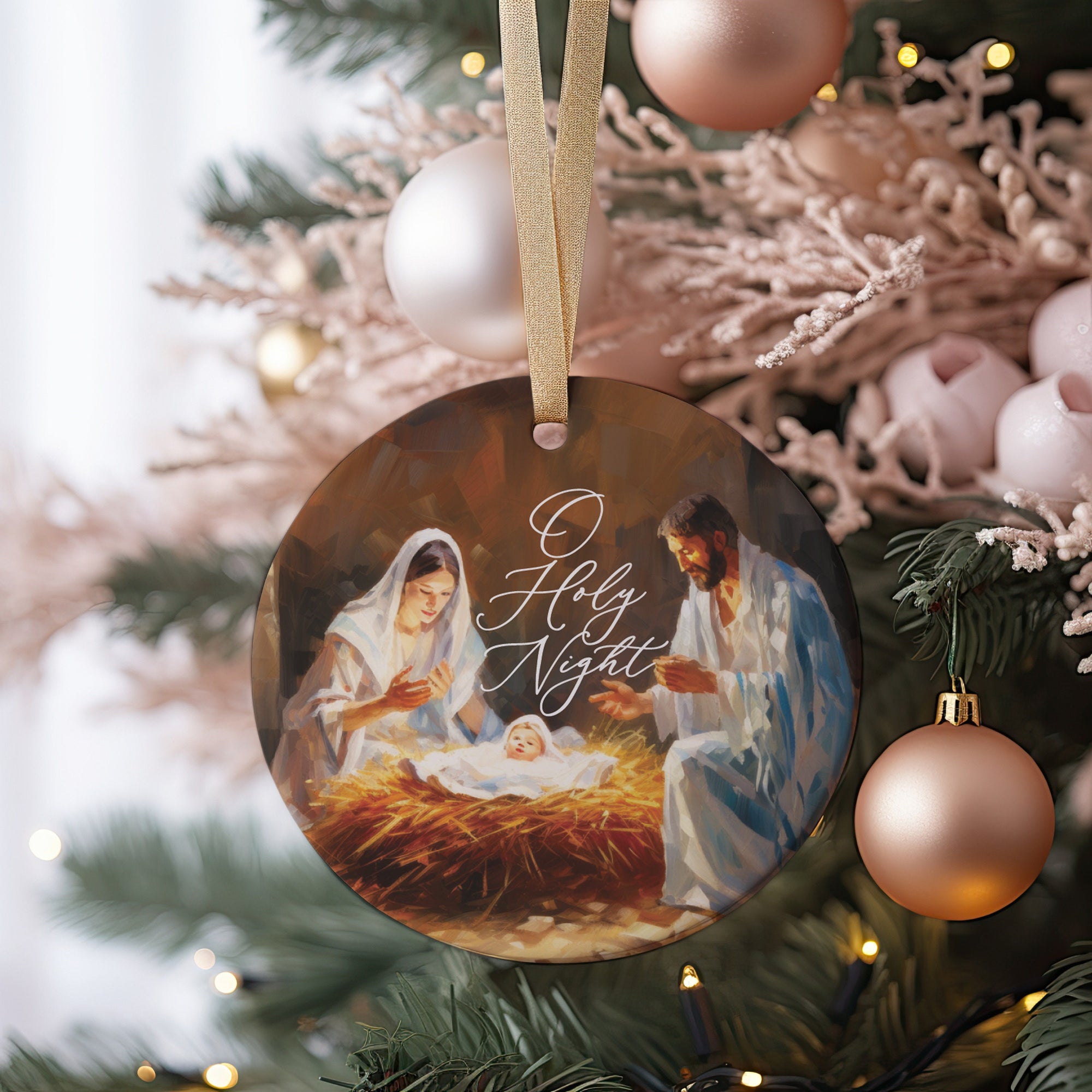 Nativity Story Baby Jesus O Holy Night Christian Bible Study Group Friendship Ceramic Christmas Ornament Gift Idea, with Ribbon + Gift Box