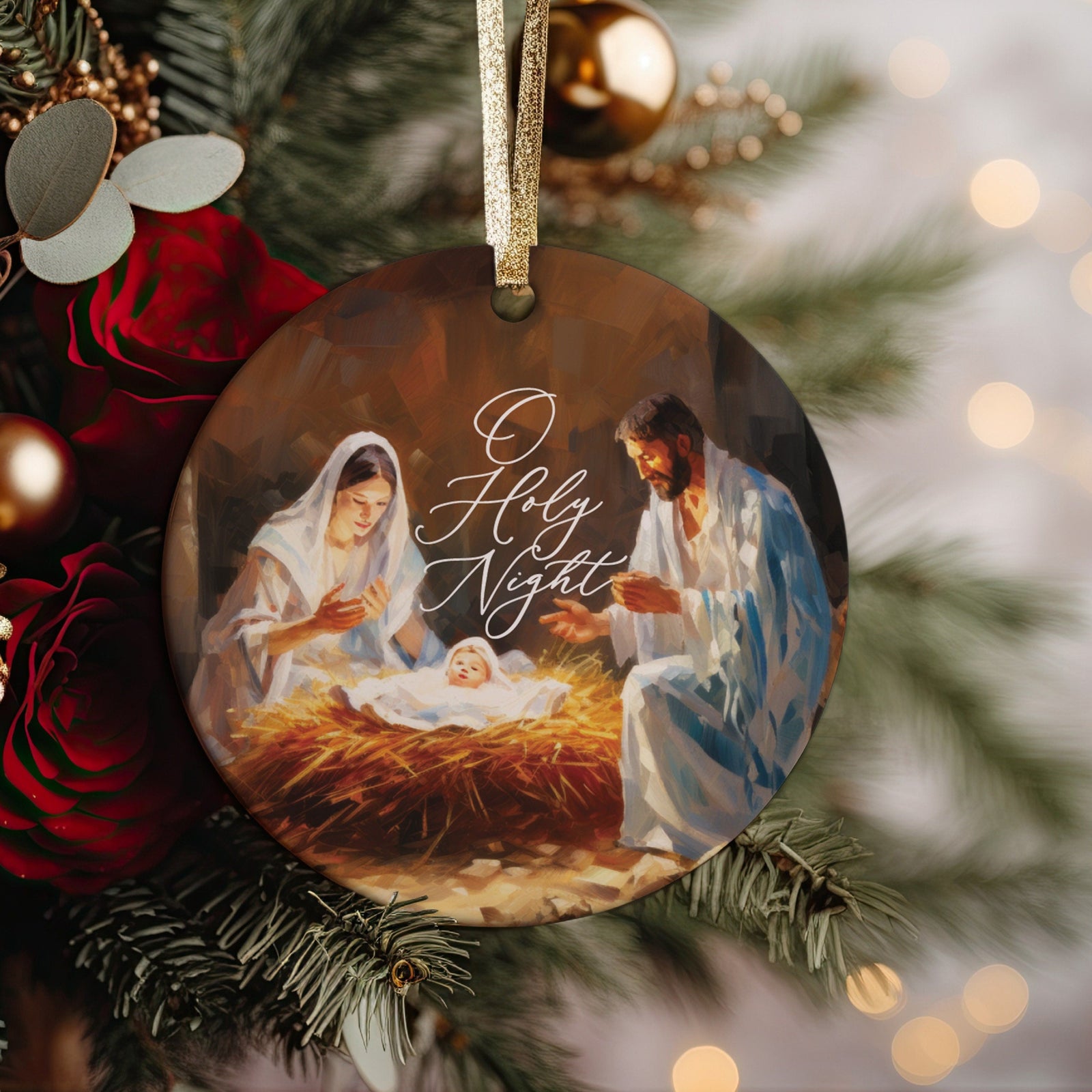 Nativity Story Baby Jesus O Holy Night Christian Bible Study Group Friendship Ceramic Christmas Ornament Gift Idea, with Ribbon + Gift Box