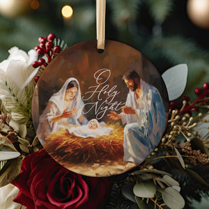 Nativity Story Baby Jesus O Holy Night Christian Bible Study Group Friendship Ceramic Christmas Ornament Gift Idea, with Ribbon + Gift Box