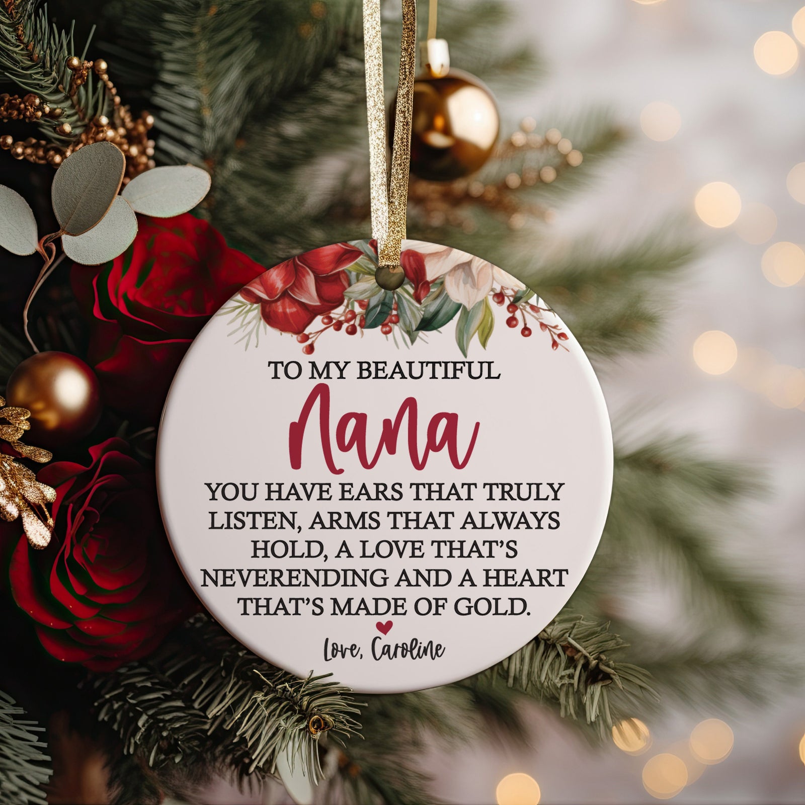 Best Nana Ever Grandmother, Mimi, Grandma or Grammy Modern Farmhouse Ceramic Round 3&quot; Ornament with Metallic Gold Ribbon + Free Gift Box