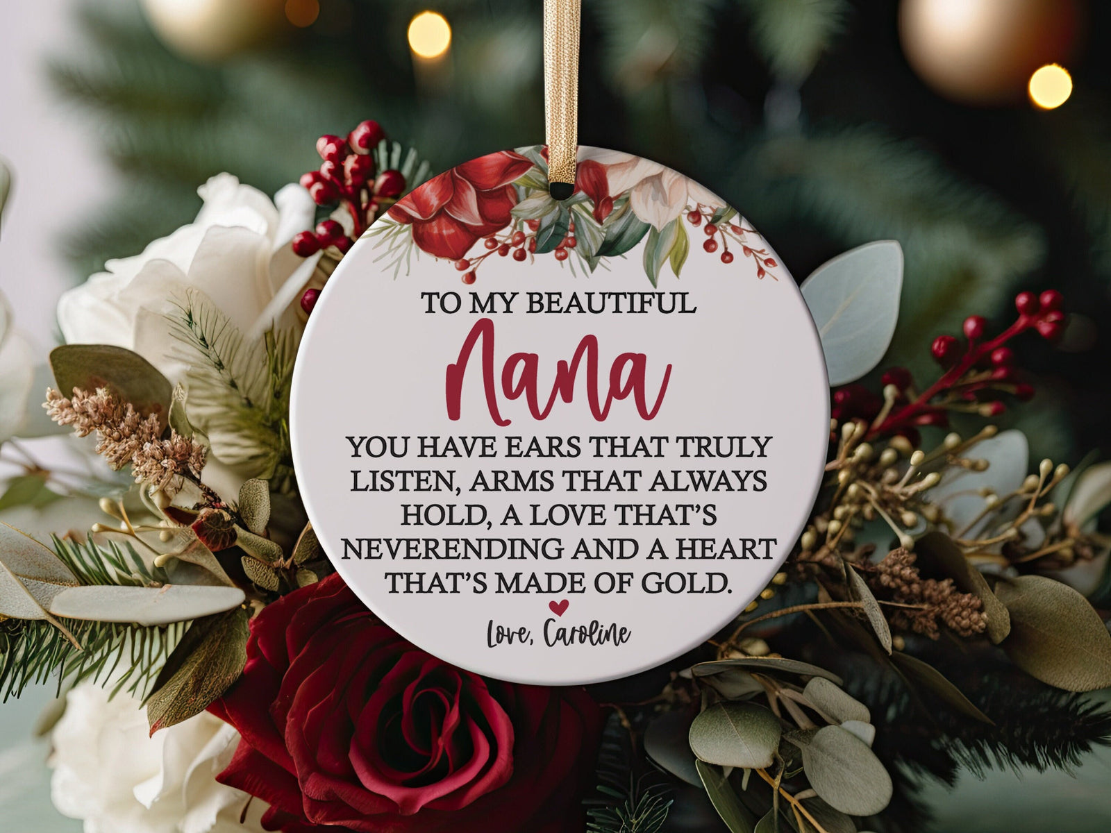 Best Nana Ever Grandmother, Mimi, Grandma or Grammy Modern Farmhouse Ceramic Round 3&quot; Ornament with Metallic Gold Ribbon + Free Gift Box