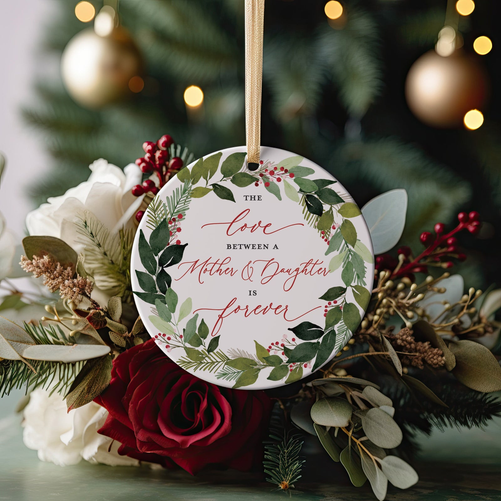 Gift Idea for Daughter from Mom or Mother The Love Between Mother and Daughter Is Forever Ceramic Ornament, with Ribbon + Free Gift Box