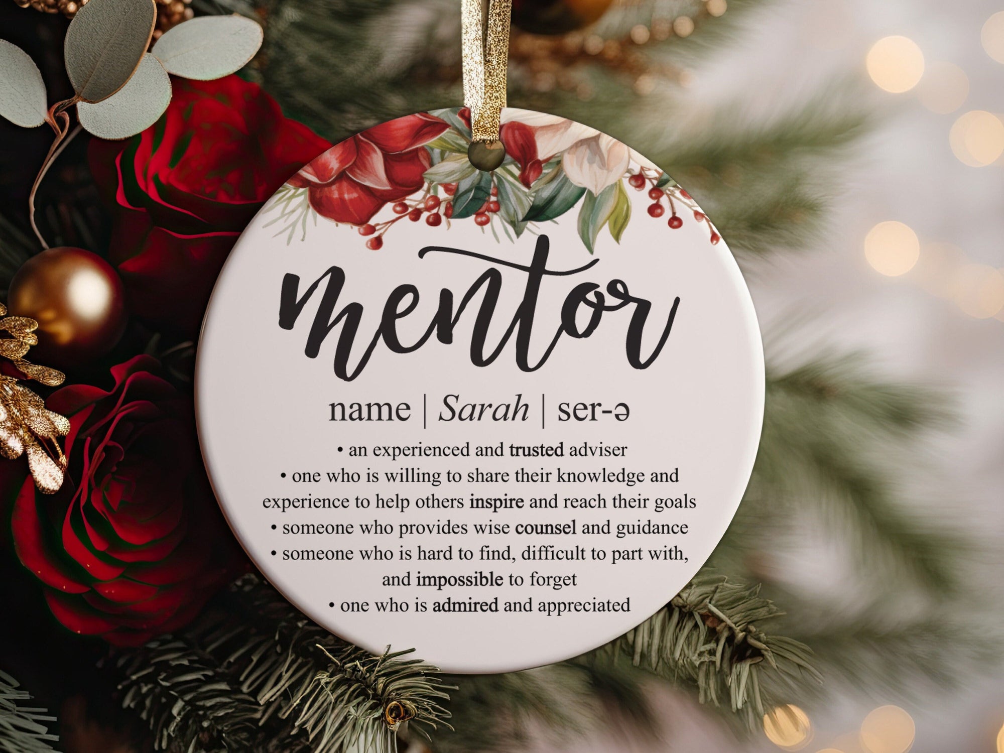 Mentor Definition Christmas Ceramic Ornament with Metallic Gold Ribbon + Free Gift Box, Thank You Present From Mentee To Best Mentor Ever