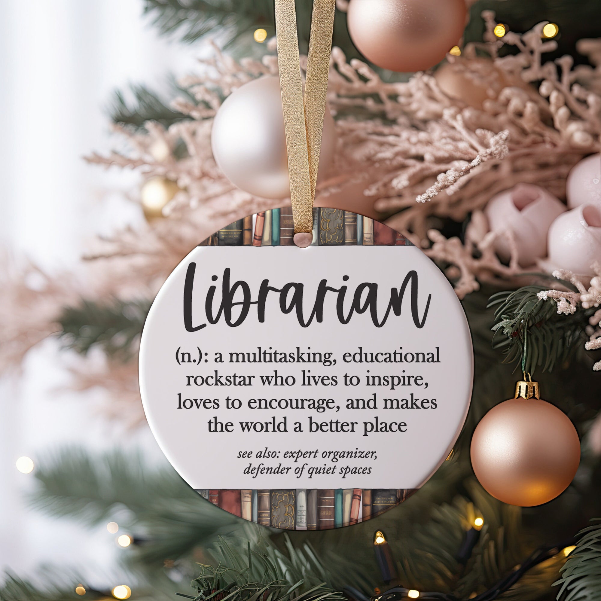 World&#39;s Best Librarian Definition Ceramic Christmas Ornament, Gift for School Library Workers Present + Free Gift Box, Gifts for Coworkers
