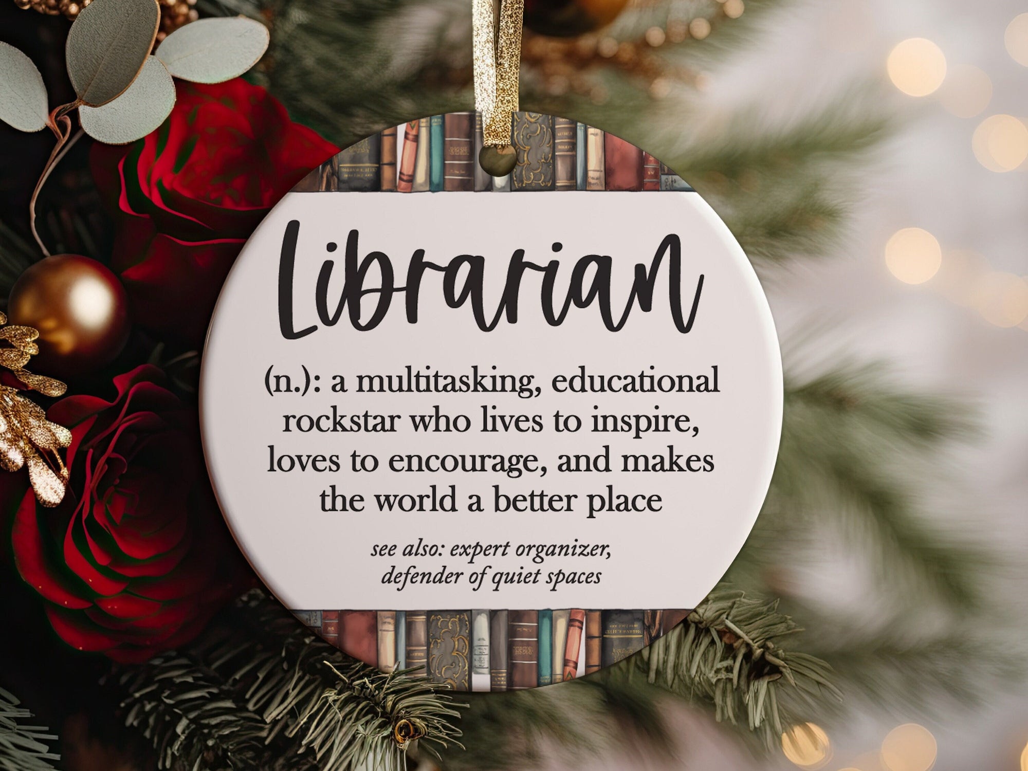 World&#39;s Best Librarian Definition Ceramic Christmas Ornament, Gift for School Library Workers Present + Free Gift Box, Gifts for Coworkers