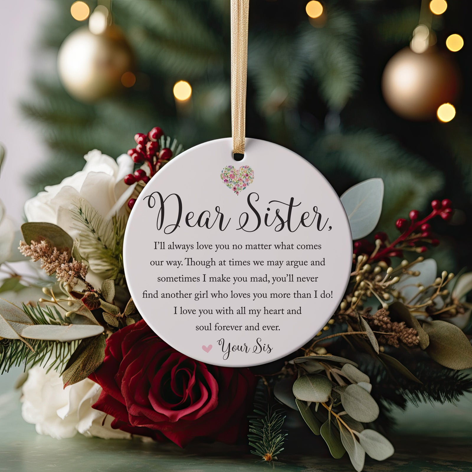 Best Sister Ever To My Dear Sis Christmas Gift Idea Ceramic Round Ornament, 3" Circle, From Best Friend, BFF, Soul Sisters + Gift box